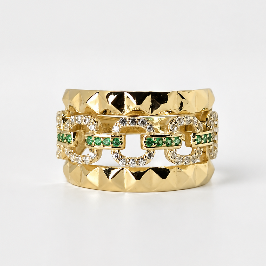 Anillo Eslabon Verde Dorado 10k