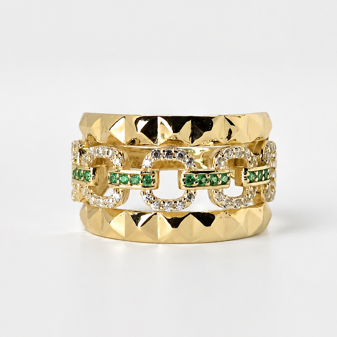 Anillo Eslabon Verde Dorado 10k