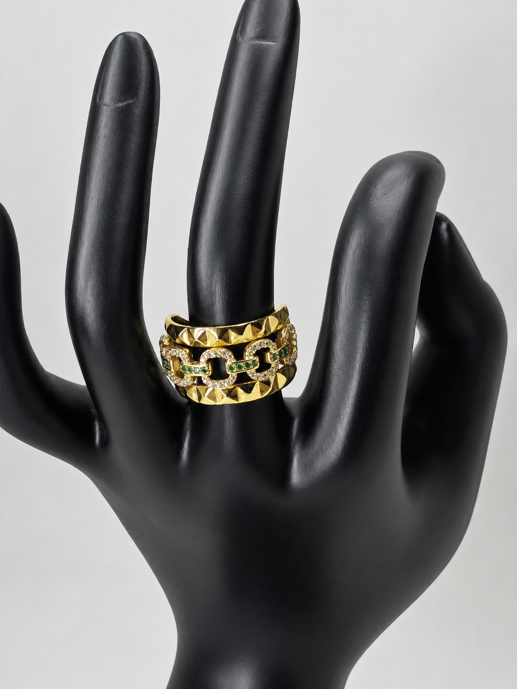 Anillo Eslabon Verde Dorado 10k