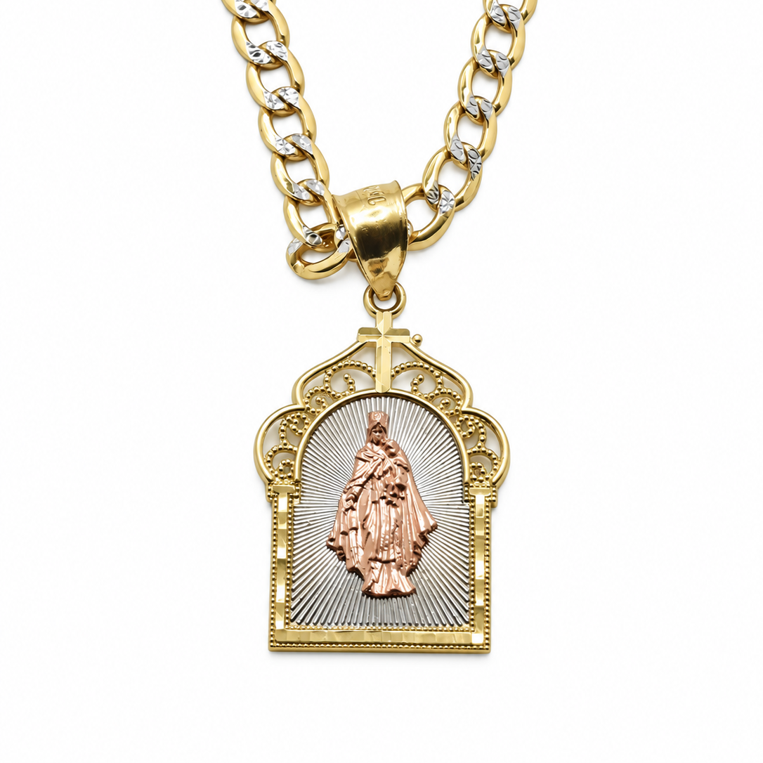Virgen del Carmen con Cadena Cubana Diamantada de Oro 10K